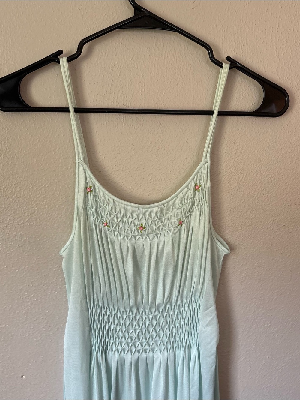 Vintage Light Blue Smocked Rosebud Maxi Nightgown Double Strap Lingerie